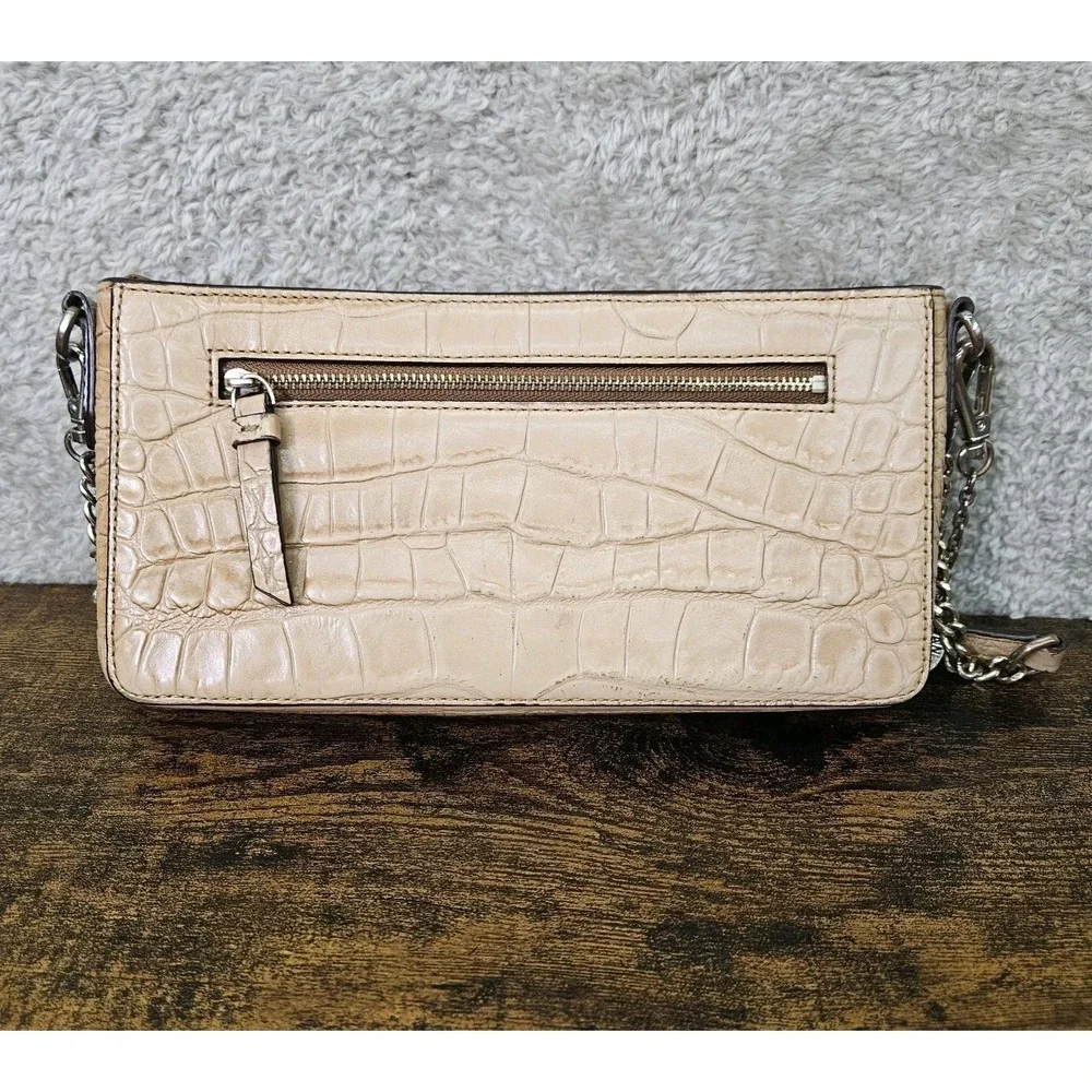 DKNY Croc Embossed Leather‎ Wristlet Clutch Beige Chain Strap Y2K